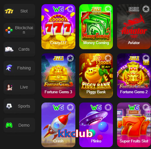 Main screen of Kkclub game page for PK players